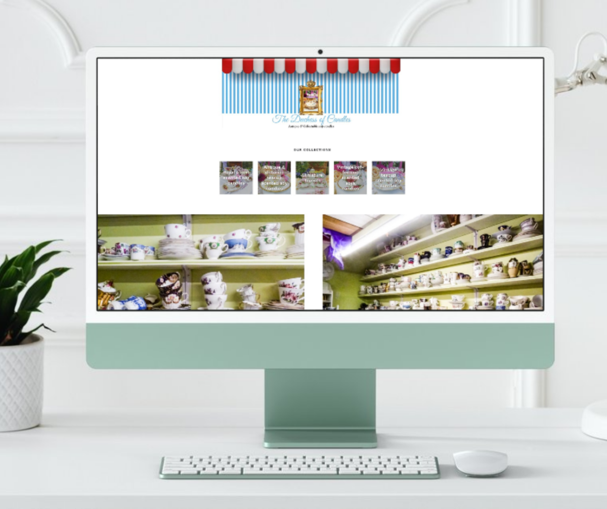 E-commerce website showcasing collectible teapots in a colorful shelf layout
