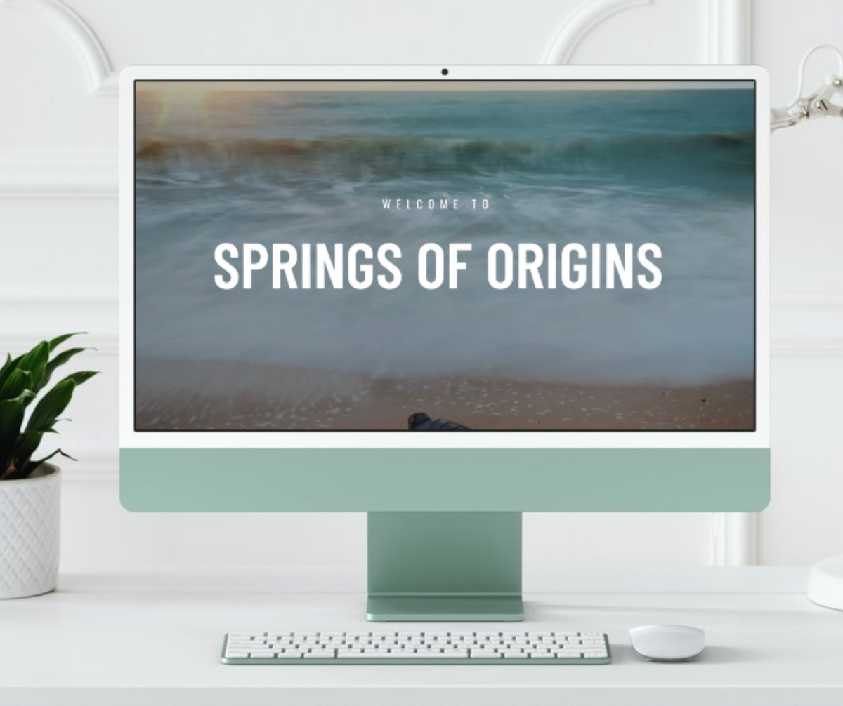 Minimalist homepage design for Springs of Origins with ocean background