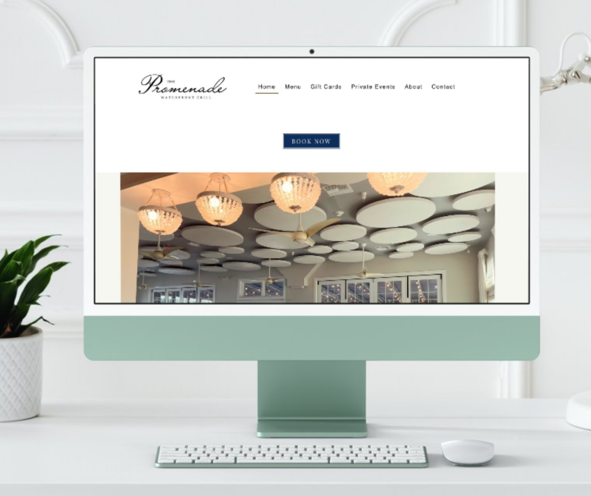 Website design for Promenade Restaurant featuring elegant ceiling decor
