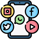 	Social media icon cluster on a smartwatch representing brand identity growth