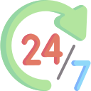 Circular arrows and 24/7 text icon representing around-the-clock customer support