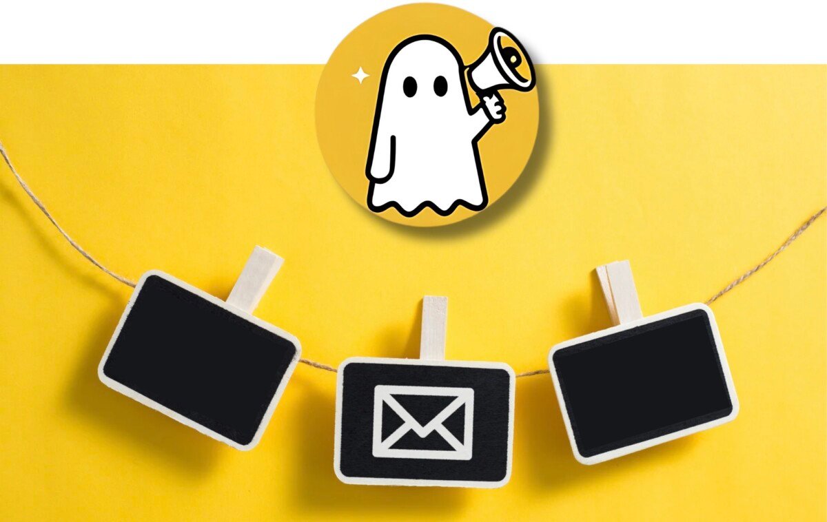 Better Match Studio ghost logo with megaphone above three mini chalkboards on a yellow background, featuring a mail icon for contact.