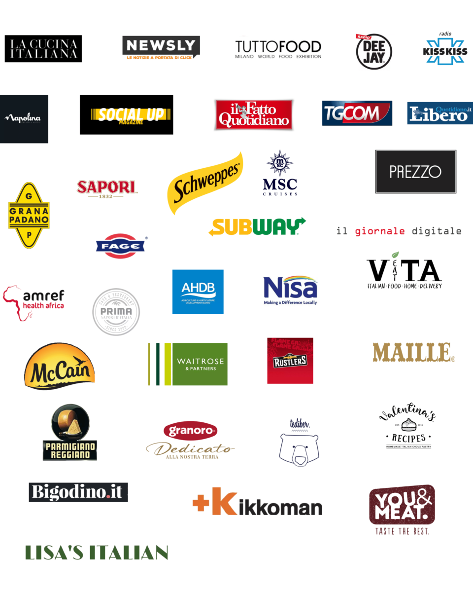 Brand logos of companies and media outlets I have collaborated with or have featured my work, including La Cucina Italiana, Radio Deejay, TGCOM24, Subway, Schweppes, Sapori, Grana Padano, McCain, MSC Cruises, TUTTOFOOD, Kikkoman, You&amp;Meat, Waitrose, Parmigiano Reggiano, Face, Amref, and many others.